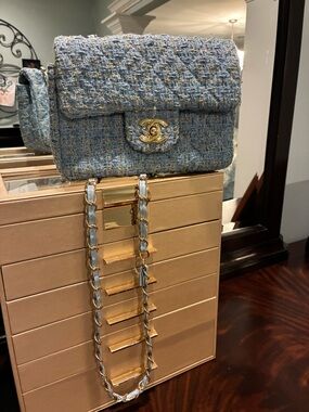 CC makeup gift with purchase GWPLight Blue Tweed Flap Crossbody with GHW